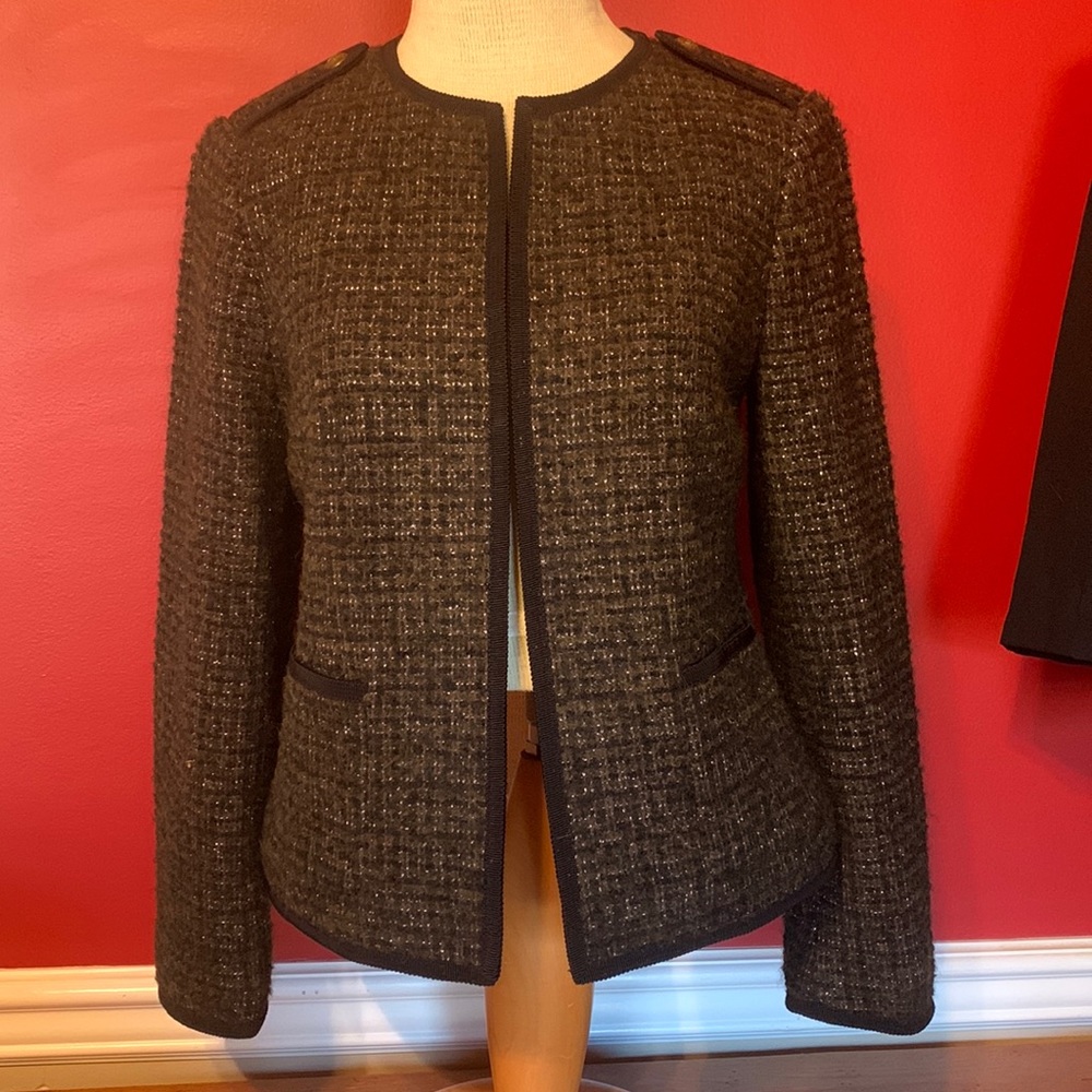 Talbots Tweed Jacket Knit in Italy Size 4P Black & Brown w meatallic Thread